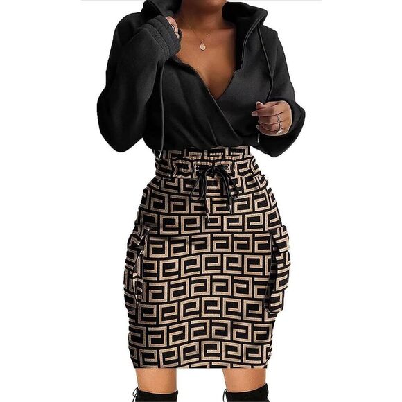 NEW BLACK Hoodie Long Sleeve Pullover Sweatshirt Dress L - Picture 2 of 4